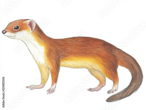 Small brown and white Least Weasel (Mustela nivalis) with a long tail. It has a long snout and ears photo