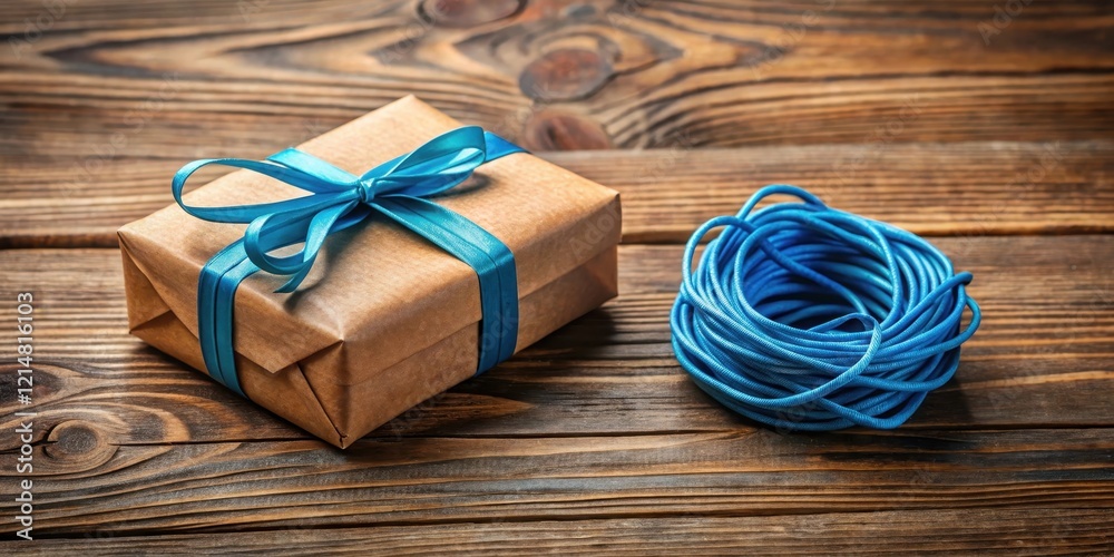 A blue rubber band wrapped around a gift box, tied with twine and ribbon A blue rubber band wrapped around a gift box, tied with twine and ribbon