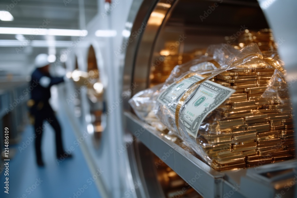 Obraz premium A striking image of securely stored cash alongside gold items, reflecting the grandeur and importance of wealth management in a high-security environment.