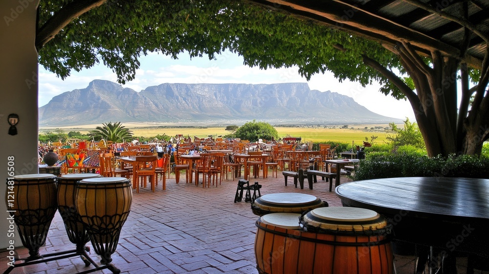 Fototapeta premium Mountain view restaurant patio, outdoor dining, bongo drums, scenic landscape