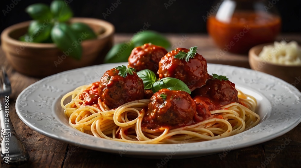 Spaghetti pasta with meatballs and tomato sauce, selective focus Spaghetti pasta with meatballs and tomato sauce, selective focus