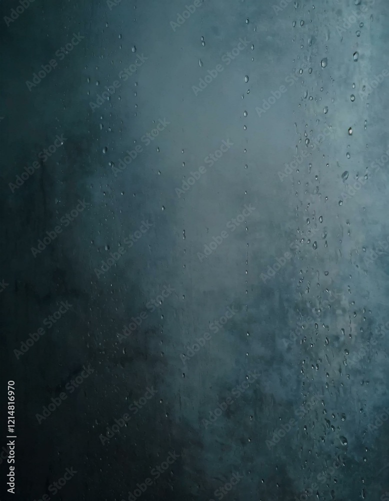 Fototapeta premium Wall stands tall, cinematic drops cascade across surface, glass reflecting misty fog, soft droplets appear like floating pearls, blurred vision envelops space, atmosphere thickens, light dances, creat