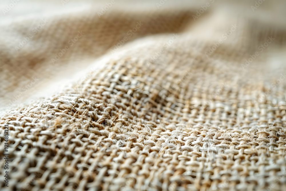 Close-Up Woven Burlap Fabric Texture Shows Detailed Fiber Intertwining with Soft Lighting