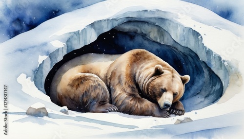 Watercolor illustration captures a bear peacefully hibernating in a cozy snowy cave, perfectly showcasing the tranquil serenity of nature during the winter seaso