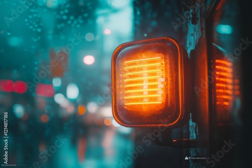 A cyberpunk-inspired depiction of a glowing neon heater in a dimly lit room, with warm golden hues contrasting with the usual cold, metallic cyberpunk aesthetic