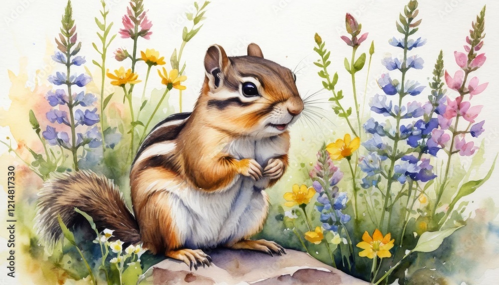 Obraz premium Watercolor illustration shows a chipmunk among colorful wildflowers, gathering food and preparing for winter hibernation. The illustration showcases the tranquility of late autumn in a natural setting