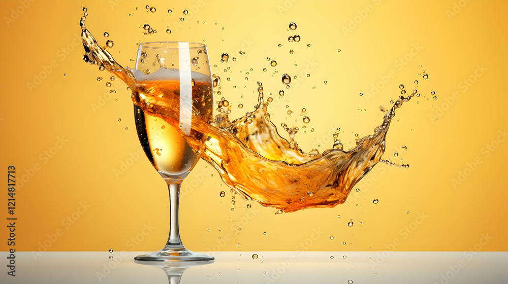 A Glass of Sparkling Golden Drink Splashes Energetically on a Yellow Background. A Glass of Sparkling Golden Drink Splashes Energetically on a Yellow Background.