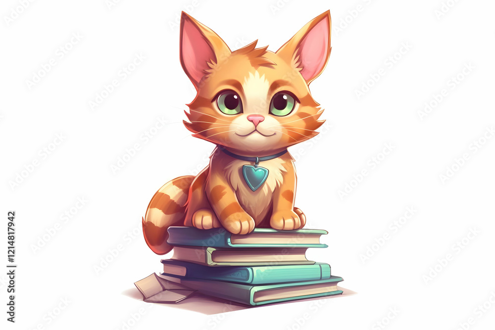 Cute Cartoon Cat Sits Atop a Stack of Books with Heart Pendant, Back to School Theme. Cute Cartoon Cat Sits Atop a Stack of Books with Heart Pendant, Back to School Theme.