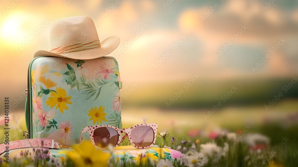 Naklejka premium A picturesque summer travel moment captured with a vibrant suitcase stylish hat and classic sunglasses all bathed in warm inviting sunlight and set against a serene natural backdrop