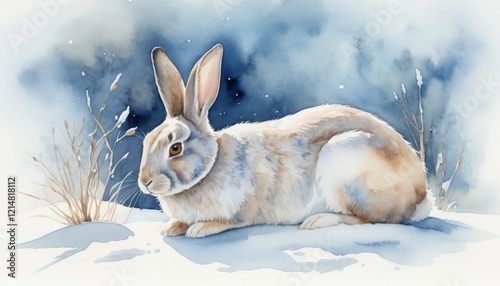 Watercolor illustration depicting a rabbit nestled comfortably in a snowy winter landscape, embodying the tranquility and calmness of nature's slumber during the colder months