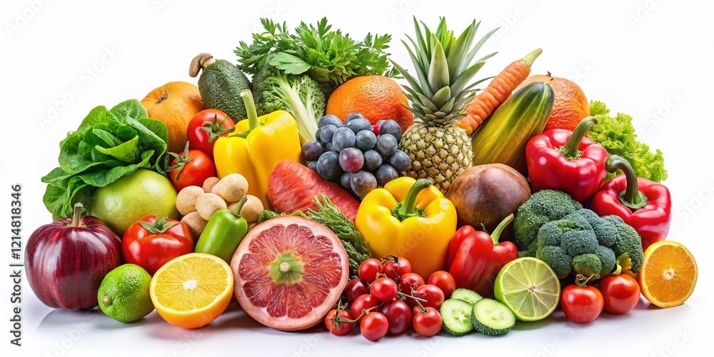 Colorful Mix of Cut Fruits & Vegetables Isolated on White Background - PNG Colorful Mix of Cut Fruits & Vegetables Isolated on White Background - PNG