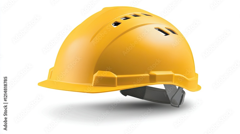 Fototapeta premium A yellow safety construction helmet with a robust design, isolated on a white background with a soft shadow beneath it