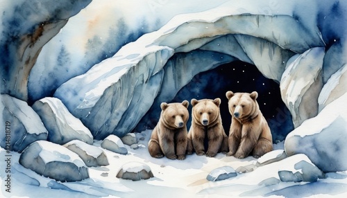 Watercolor illustration depicting animals in hibernation within a cozy cave during winter, showcasing three bear cubs resting peacefully amidst a snowy landscape