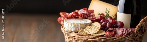 A beautifully arranged gourmet gift basket filled with artisan cheeses