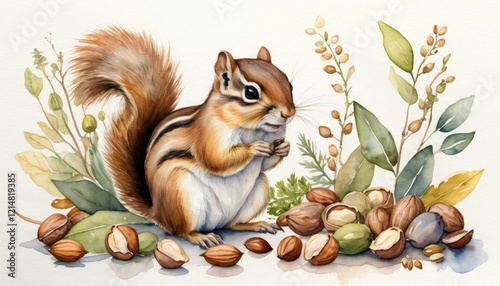 Watercolor illustration depicts a chipmunk diligently preparing for its hibernation. It is surrounded by a delightful array of nuts and vibrant leaves