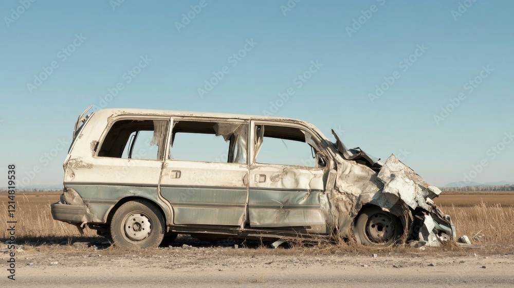 Damaged minivan on roadside, accident scene. Damaged minivan on roadside, accident scene.