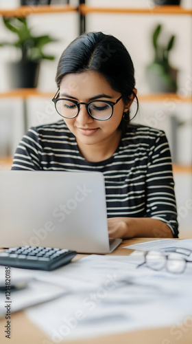 Focused Woman Works on Lapt...