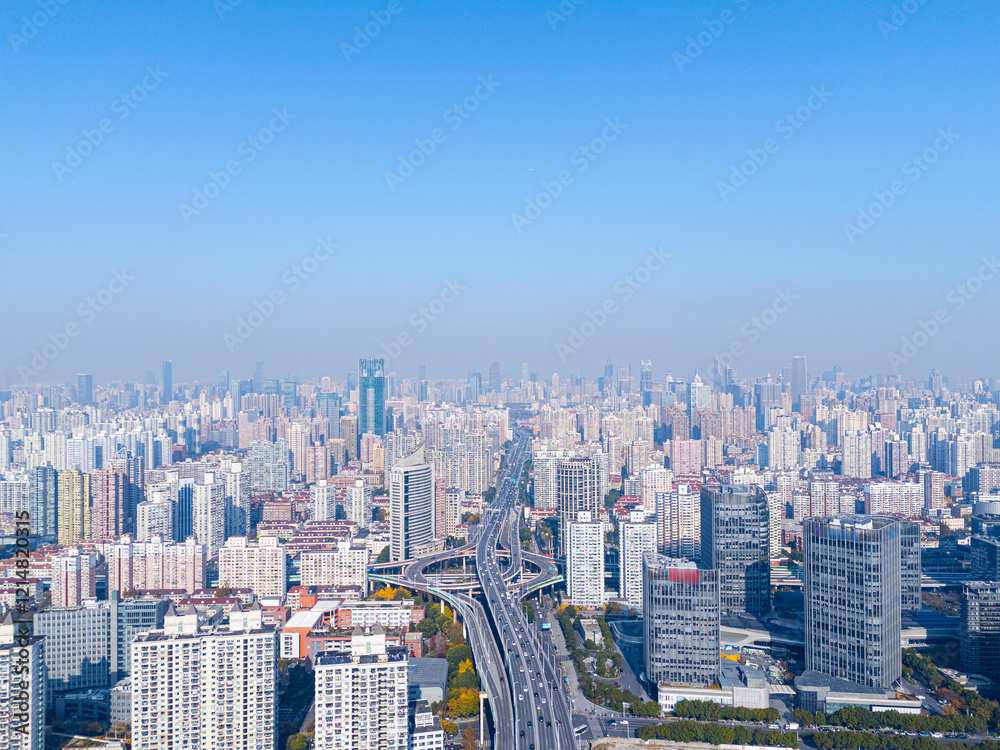 aerial view of Overpass and City Traffic in Shanghai, China aerial view of Overpass and City Traffic in Shanghai, China