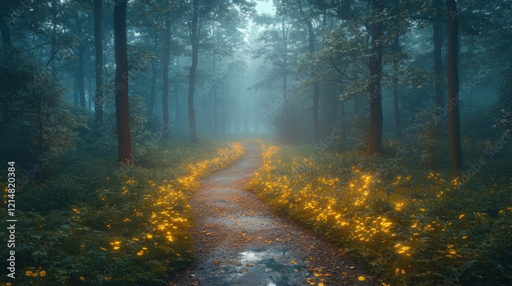 Obraz premium Enchanted Forest Path with Glowing Flowers and Mystical Fog Amidst Tall Trees