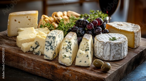 a sliced brick of feta cheese on a cutting board with a wheel of  kefalograviera cheese and another wheel of kefalotyri in the background photo