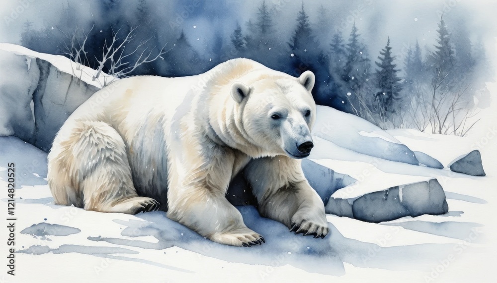 Watercolor illustration capturing a polar bear resting during hibernation in a snow-covered landscape surrounded by evergreen trees, depicting the serene beauty of winter wildlife Watercolor illustration capturing a polar bear resting during hibernation in a snow-covered landscape surrounded by evergreen trees, depicting the serene beauty of winter wildlife