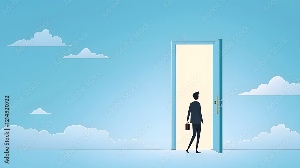 Obraz premium Silhouette of a determined individual stepping through an open door representing the concept of success career growth and new opportunities on the path ahead The image evokes a sense of ambition