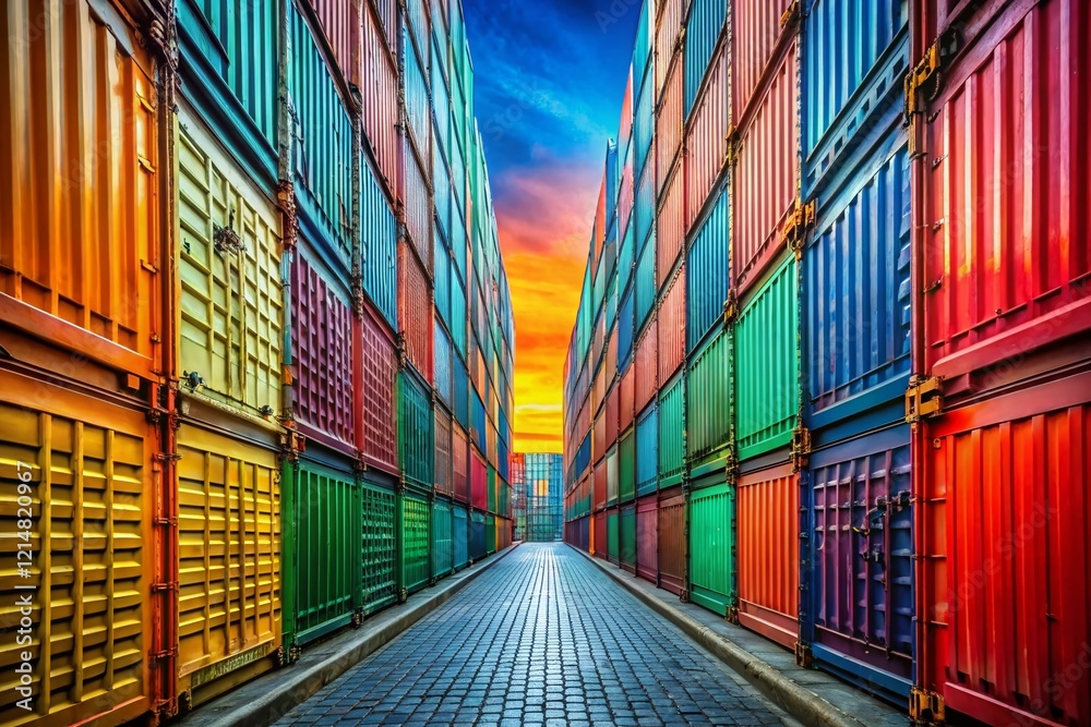 Fototapeta premium Colorful Shipping Container Alleyway: Symmetrical Industrial Architecture Stock Photo