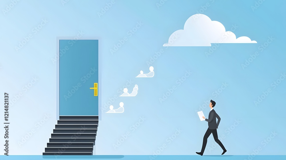 Businessman walking up a staircase towards a bright career opportunity door representing success and ambition in a minimal background with a cloudy sky Businessman walking up a staircase towards a bright career opportunity door representing success and ambition in a minimal background with a cloudy sky