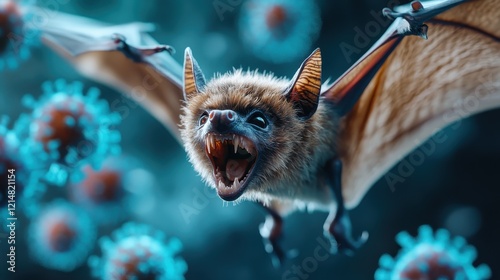 This striking image captures a fierce looking bat with sharp features, flying amidst an ominous background that creatively blends themes of nature and health concerns. photo