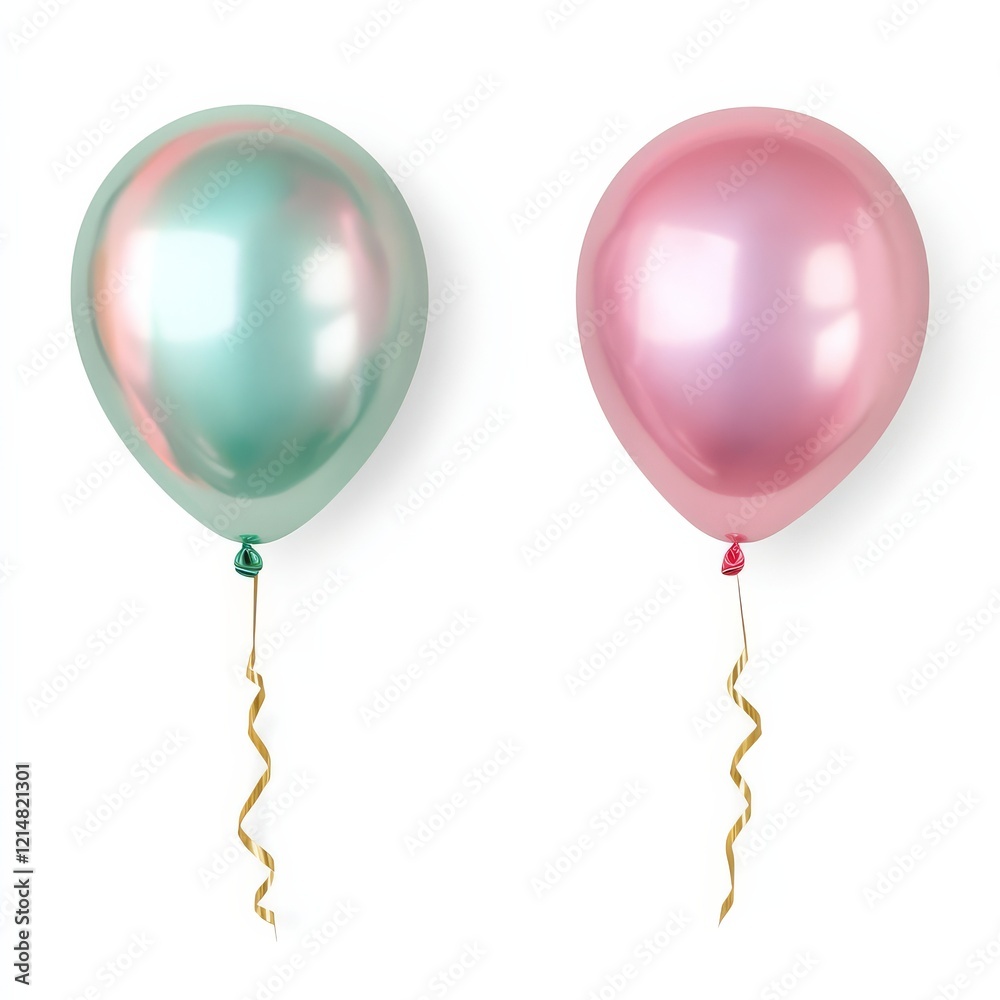 Two shiny balloons, one green and one pink, hang with golden ribbons, perfect for celebration and decoration. Two shiny balloons, one green and one pink, hang with golden ribbons, perfect for celebration and decoration.