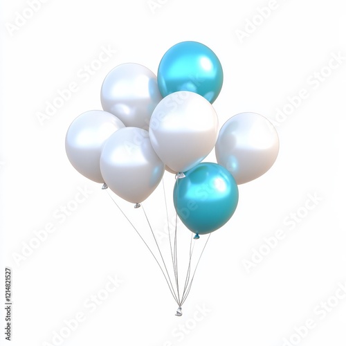 A cluster of glossy balloons in shades of blue and white, floating gracefully against a plain background.