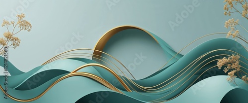 Muted teal and gold curving lines soft pastel gradient behind illustration background design