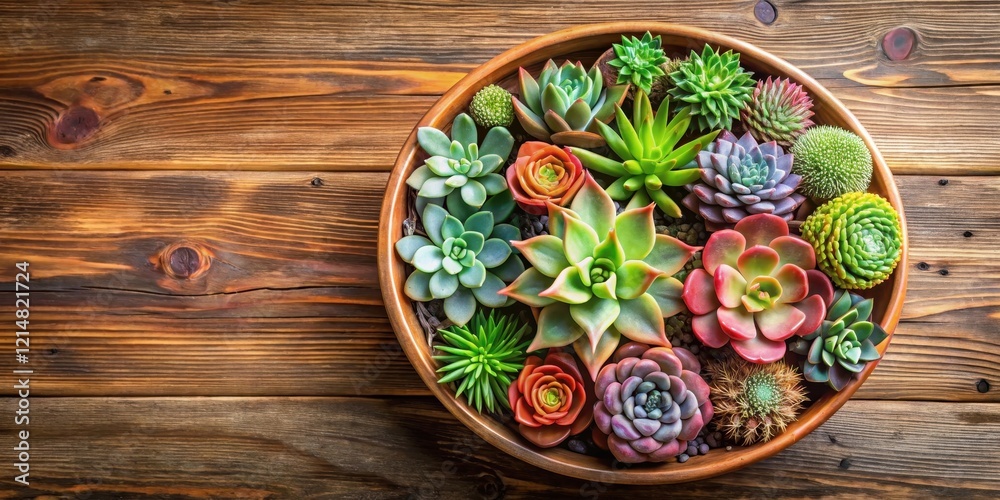 Close-up shot of a terracotta planter filled with a variety of flowering succulents on a wooden background in top view , plant arrangements, cacti and succulents Close-up shot of a terracotta planter filled with a variety of flowering succulents on a wooden background in top view , plant arrangements, cacti and succulents