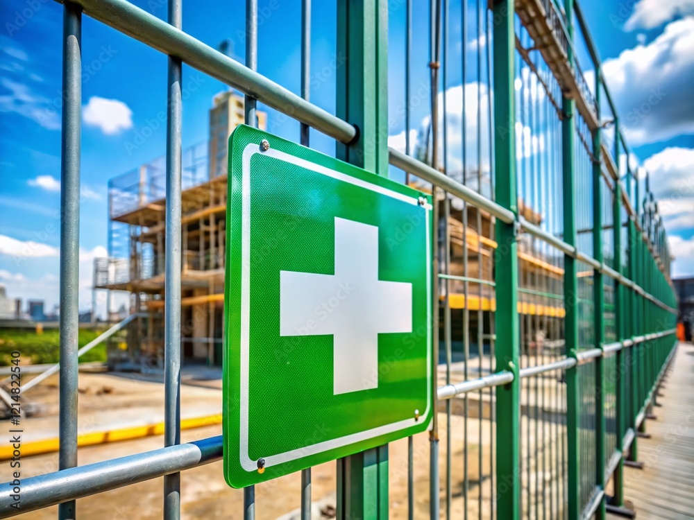 Construction Site First Aid Station Sign - Green Cross on Door Railing Construction Site First Aid Station Sign - Green Cross on Door Railing