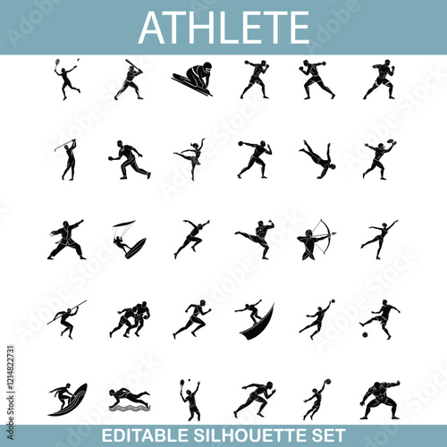 Athlete Silhouettes Diverse Sports, Editable Vector Set, Action