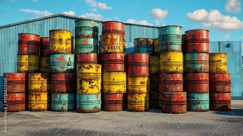 Weathered oil drums create an artistic arrangement in storage. Weathered oil drums create an artistic arrangement in storage.