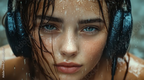 A close-up of a young woman with wet hair and headphones, surrounded by rain. This image conveys solitude, music immersion, and emotional depth. Ideal for lifestyle and music themes.