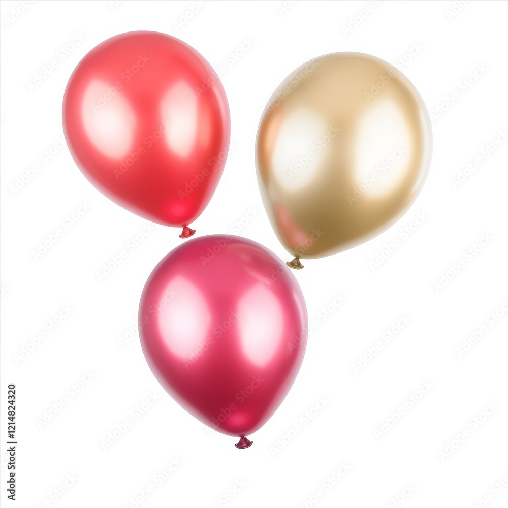Three shiny balloons in red, pink, and gold colors, perfect for celebrations and festive occasions.