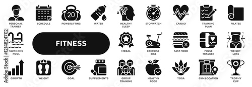 Set of vector solid icons related to fitness and sport, healthy nutrition, gym exercises . Symbols for website or app ui, logo design, illustration