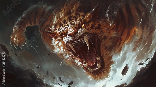 A fearsome tiger demon emerging from the black abyss with a menacing growl