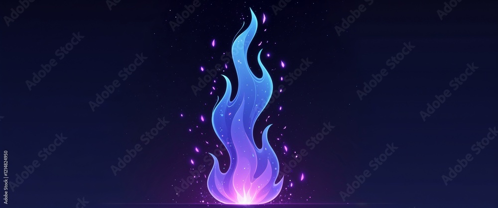 Tall blue flame with light purple sparks and subtle glowing embers against dark space illustration background design Tall blue flame with light purple sparks and subtle glowing embers against dark space illustration background design