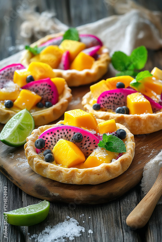 Exotic fruit pies with vibrant slices of dragon fruit, mango, and passion fruit, nestled in a golden, flaky crust, presented on a rustic wooden table with dramatic lighting and deep shadows