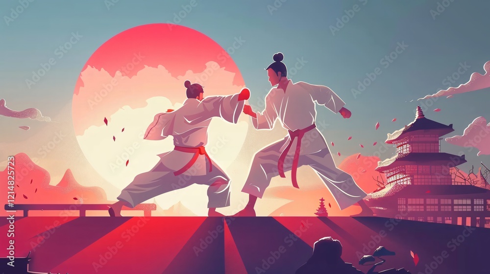 Naklejka premium Dynamic Taekwondo Fighters in Traditional Kimono Flat Vector Illustration