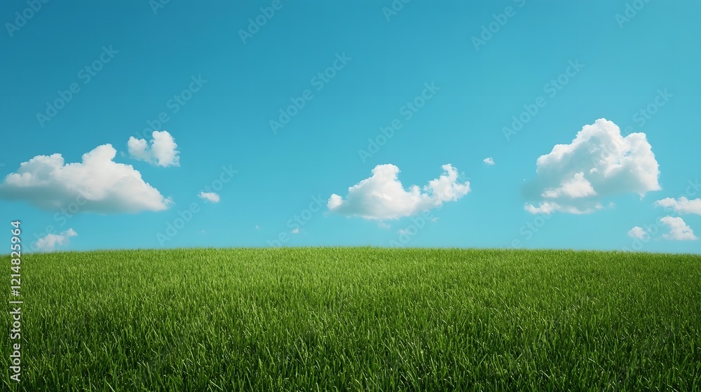 Lush Green Meadow Under a Picturesque Blue Sky with Fluffy White Clouds Lush Green Meadow Under a Picturesque Blue Sky with Fluffy White Clouds