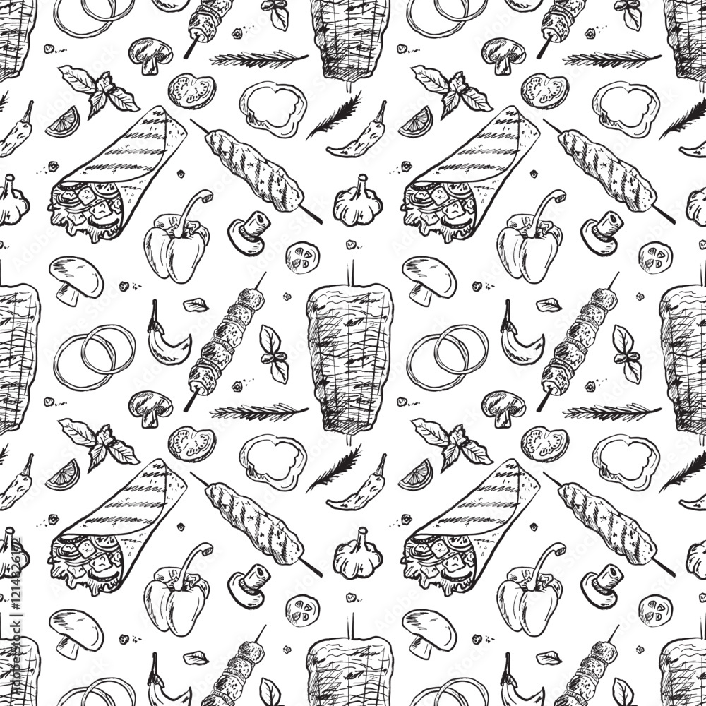 Seamless pattern with shawarma chicken roll, fresh vegetables in brush stroke texture isolated on white. Hand drawn vector sketch illustration in vintage charcoal ink style. Wrapping paper, print