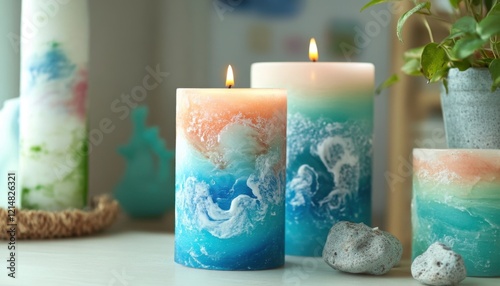 Colorful decorative candles with calming ocean-inspired designs.