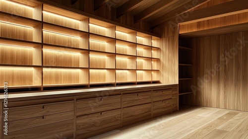 A softly lit bespoke wooden cabinet with open drawers.