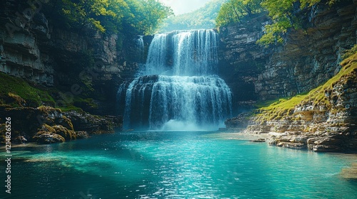 Serene Waterfall in Lush Tropical Paradise: A Tranquil Escape
