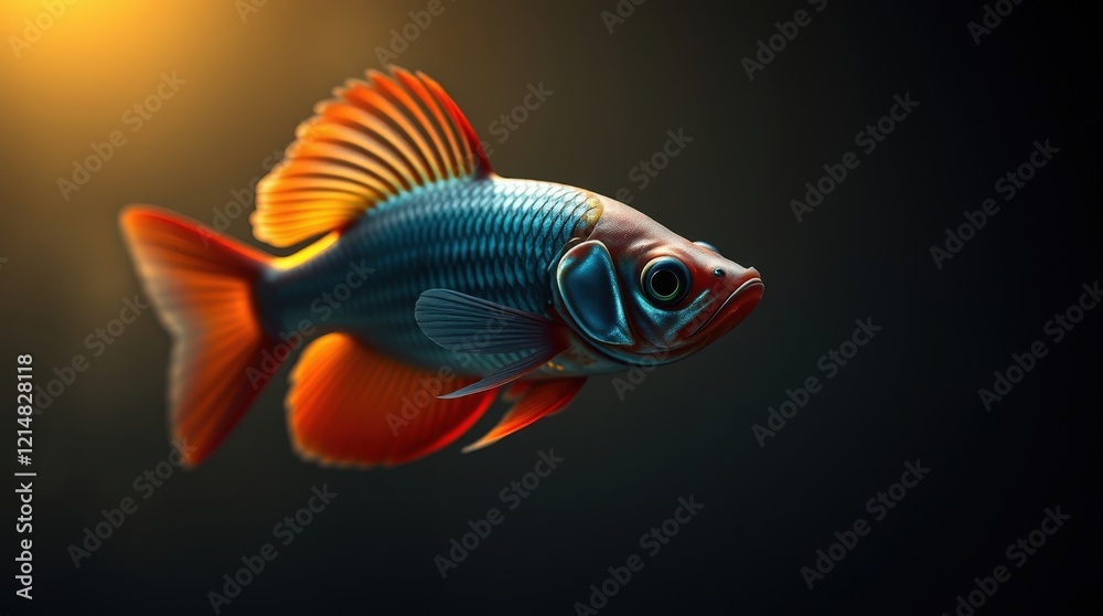 Fototapeta premium Vibrant Aquatic Jewel: A mesmerizing close-up of a colorful freshwater fish, showcasing its iridescent blue, orange, and red fins against a dramatic dark background.
