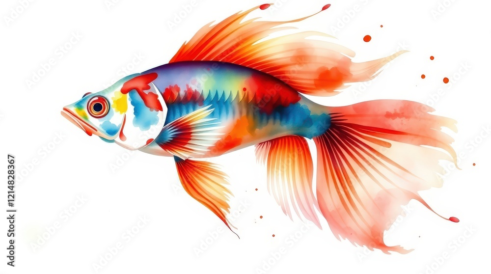 Colorful Betta Fish: A vibrant and striking betta fish with flowing fins in a spectrum of red, orange, blue, and white, swims with grace against a backdrop of abstract watercolors. Colorful Betta Fish: A vibrant and striking betta fish with flowing fins in a spectrum of red, orange, blue, and white, swims with grace against a backdrop of abstract watercolors.